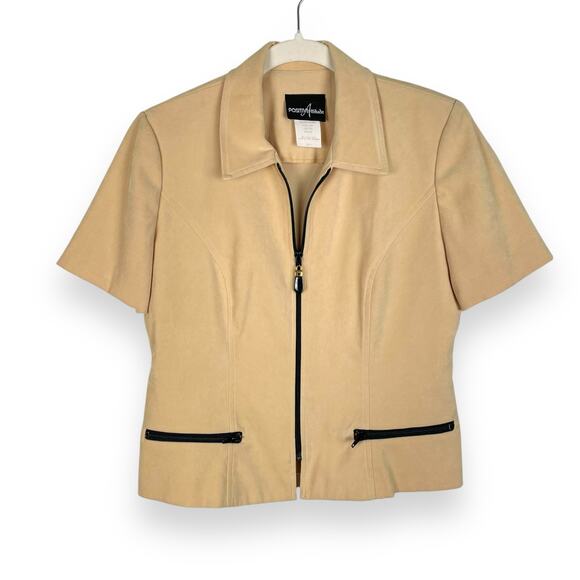 80s Vintage Positive Attitude Zip Up Short Sleeve Blazer Top Size 6 Beige Retro - Picture 1 of 12
